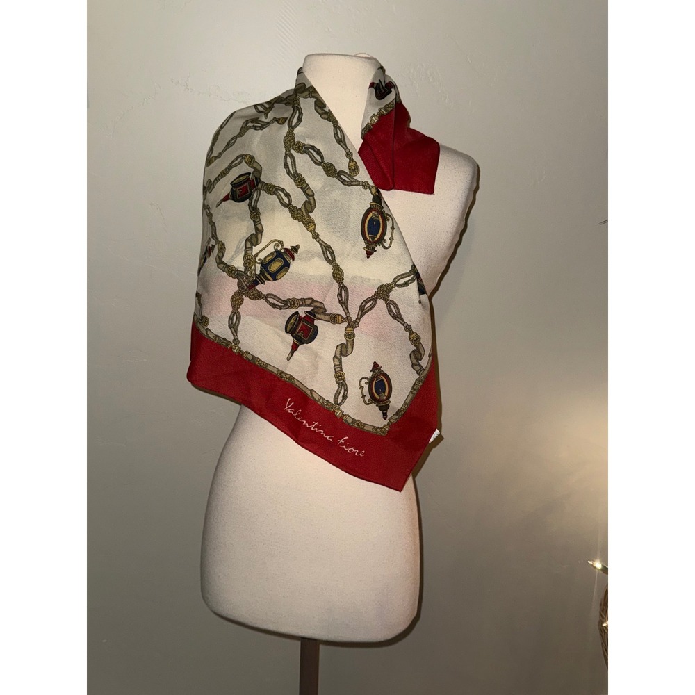 Valentina Fiore Silk Scarf Red Trim Lantern Chain Print Made in Italy Square